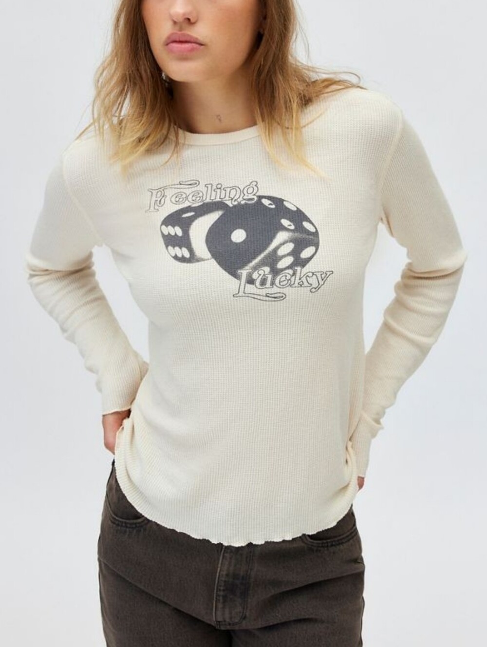 Urban Outfitters Feeling Lucky Graphic Waffle Thermal Long Sleeve Top